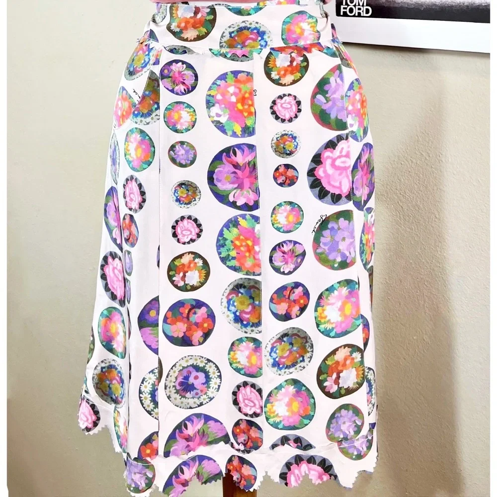 Fendi Colorful 100% Silk Midi Logo Skirt W/ Jagged Trim